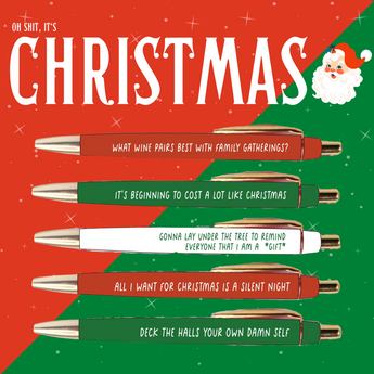 Set of Christmas-themed pens with humorous sayings on a red and green background with Santa Claus.