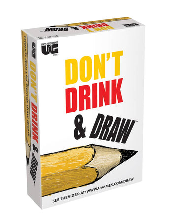 Box of 'Don't Drink & Draw' game with yellow and black pencils on a white background