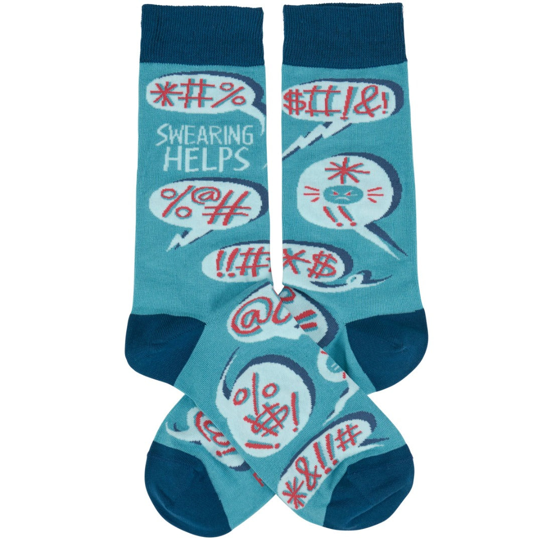 Colorful Blue Crew Socks with hand-illustrated swearing bubbles and 'swearing helps' sentiment. Fun gift idea.