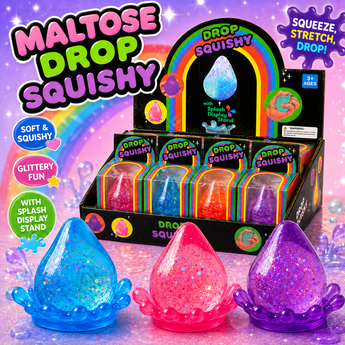 A retail display box of Drop Squishy maltose drop squishies with three large, colorful, glitter-filled teardrop-shaped squishies in front on a sparkly pink and purple background.