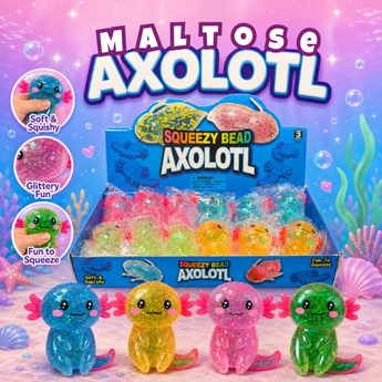 A display box of Maltose Axolotl Squeezie Bead toys with four colorful axolotl figures in front, plus three circular inset callouts describing the product as soft, squishy, glittery, and fun to squeeze. The background is a pink and blue underwater-themed graphic.