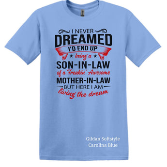 Son-in-Law Cotton T-Shirt: Carolina Blue. Celebrate the bond with a humorous twist.