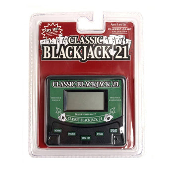 Handheld electronic game in packaging labeled 'Classic Blackjack 21' on a white background