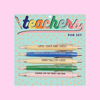 Funny teacher pen set with witty sayings - 5 pack, black & red ink, novelty teacher gift.