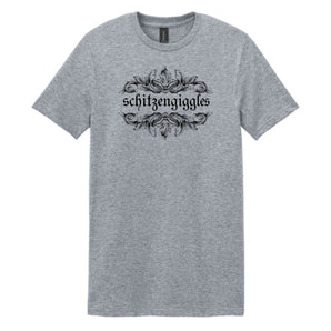 Gray t-shirt with 'schitzengiggles' text and decorative design on a white background