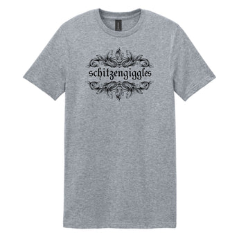 Gray t-shirt with 'schitzengiggles' text and decorative design on a white background
