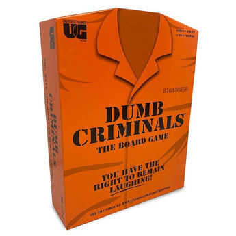 Board game box titled 'Dumb Criminals' with an orange shirt design on a white background