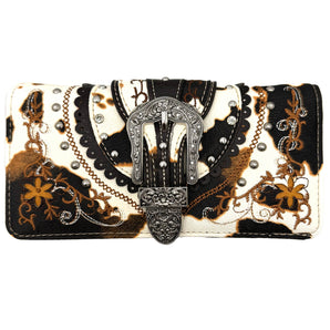 Cow print western crossbody wallet with buckle detail in brown faux cowhide