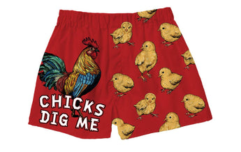 Red 'Chicks Dig Me' boxer shorts with rooster and chick print and elastic waistband