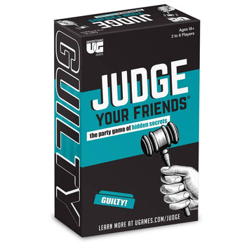 Board game box for 'Judge Your Friends' with a gavel and hand illustration on a black and teal background.