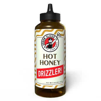 Hot honey drizzler bottle with Urban Slicer Pizza Co. label on a white background