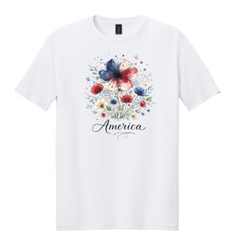 White t-shirt with boho red, white, and blue floral America graphic design.
