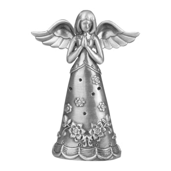 Silver Angel of Comfort figurine with praying hands, floral details, and wings made of zinc by Ganz Gift.