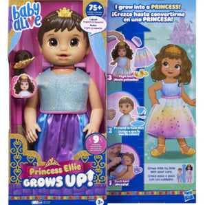 Baby Alive Princess Ellie doll with packaging showing features and design.