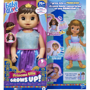 Baby Alive Princess Ellie doll with packaging showing features and design.