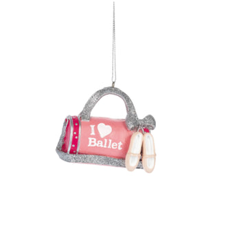 I heart ballet dance duffle bag with ballet slippers ornament
