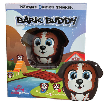 Bark Buddy portable Bluetooth speaker with packaging featuring a dog design.