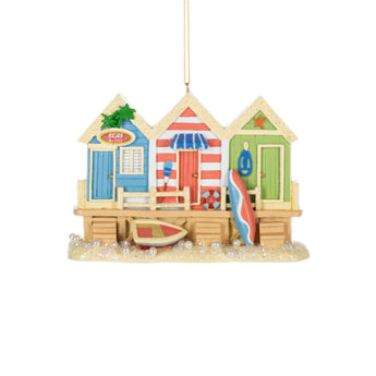 Beach Hut Ornament - Colorful Cabins with surfboard