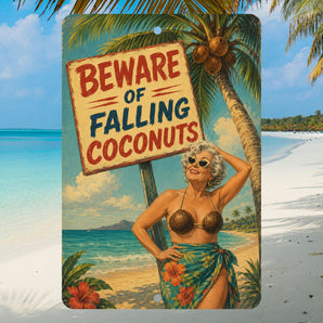 Beware of Falling Coconuts aluminum beach sign with retro silver-haired woman wearing a coconut bikini top
