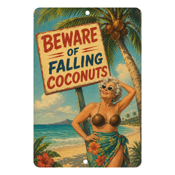 A rectangular vintage-style metal tin sign with rounded corners, featuring a tropical beach scene with a palm tree, ocean, and a woman in a floral sarong. A large sign reads “BEWARE OF FALLING COCONUTS.