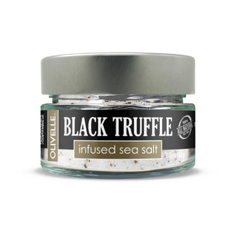 Jar of Black Truffle Infused Sea Salt - earthy gourmet salt with real black truffles for pasta, steak, and fries.