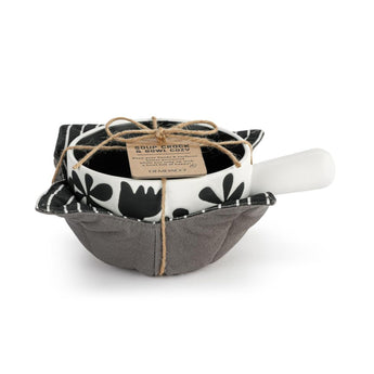 Black and White floral stoneware soup crock with white handle, paired with a striped and solid gray bowl cozy tied with twine gift set.