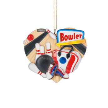 Heart-shaped bowling ornament with 'Bowler' label on a white background