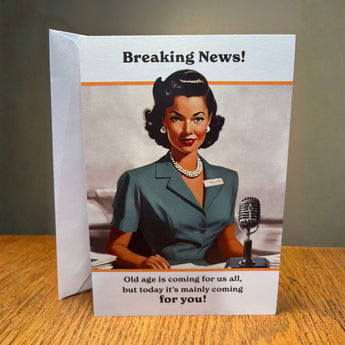 Funny retro birthday greeting card with vintage news anchor and old age joke message, 4.75x6.75 with envelope