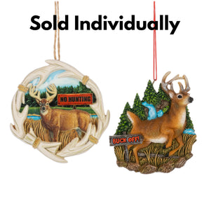 Two deer-themed Christmas ornaments with text 'No Hunting' and 'Buck Off!' on a white background.