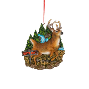 Decorative ornament with a deer and 'Buck Off!' sign on a white background