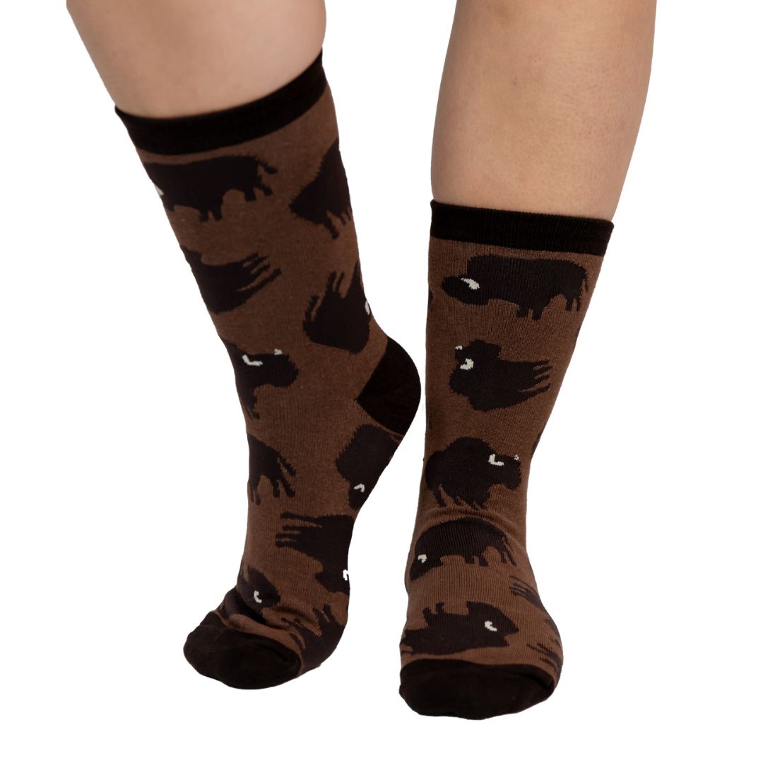 Buffalo Crew Socks with western-themed pattern, contrasting heel and toe, in brown fabric.