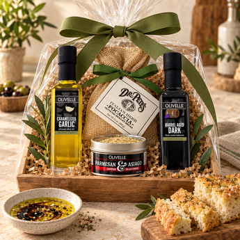 A gourmet gift basket set from Dr. Pete's and Olivelle, featuring a bottle of caramelized garlic olive oil, a bottle of dark barrel-aged balsamic, and a tin of parmesan and asiago cheese arranged in a wooden tray with a green ribbon, set on a kitchen counter with bread and a small bowl of drizzled oil.