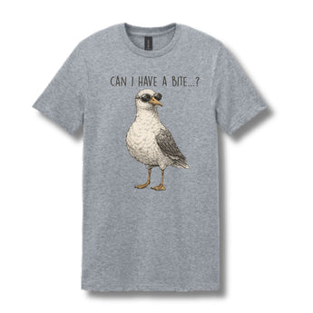 Funny seagull graphic t-shirt with sunglasses and “Can I have a bite?” text on gray cotton unisex tee