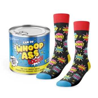 Socks with comic book text and a can labeled 'Can of WHOOP ASS Socks' on a white background