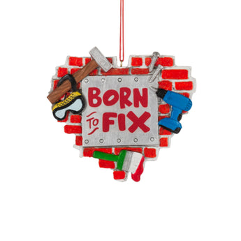 Born to Fix ornament with tools and brick background - resin carpenter decor