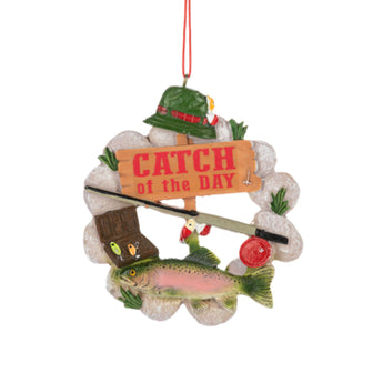 Catch of the Day fishing ornament with trout and fishing gear