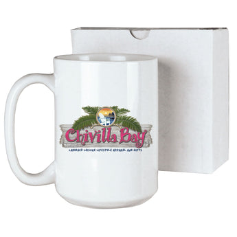 White 15 oz ceramic coffee mug with official Chivilla Bay logo sublimated on both sides, perfect for coffee lovers and daily use.