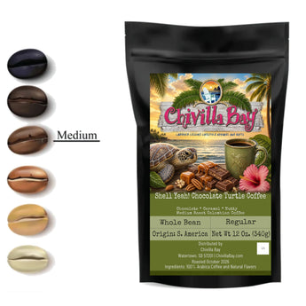 12 oz bag of Chivilla Bay's Shell Yeah! Chocolate Turtle Coffee in a Medium Roast.