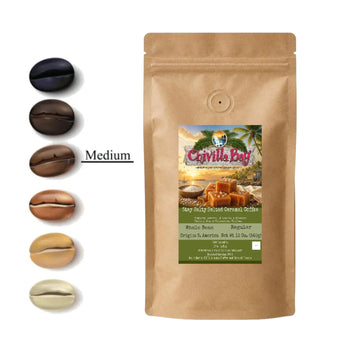 Chivilla Bay's Medium Roast Stay Salty Caramal Coffee Bag with Beans along side depicting a medium roast.