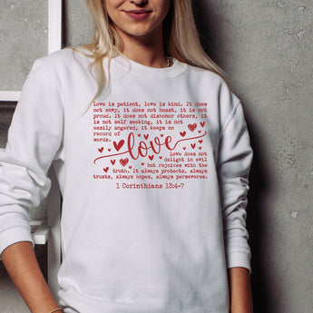 Christian sweatshirt featuring 1 Corinthians 13:4-7