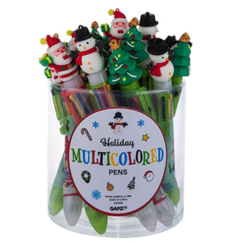 Holiday multicolored pens with Santa, Snowman, and Christmas Tree toppers - Chivilla Bay stationery.