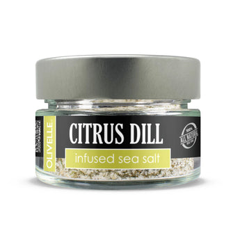 Jar of Citrus Dill Infused Sea Salt - tangy lemon and herb-infused salt perfect for seafood, veggies, and salads