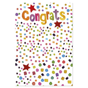 Colorful 'Congrats' card with stars and confetti on a white background