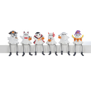 Mini Halloween ghost shelfsitter figurines dressed in different costumes including pirate, vampire, devil, cat, and Frankie styles.