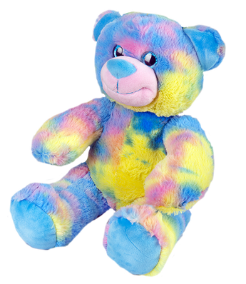 Cotton Candy Tie Dye Teddy Bear with cheerful pink hue and sparkly blue eyes, perfect for snuggling and relaxation, available at Chivilla Bay.