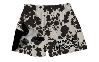 Cow print boxer shorts with “I’m In The Moooooood” text