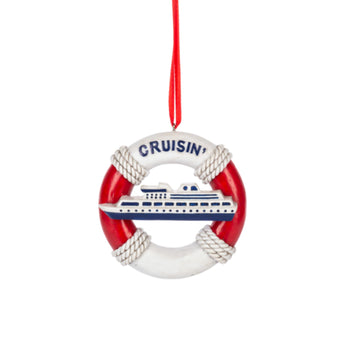 Life buoy-shaped ornament with a cruise ship and 'CRUISIN' text on a white background