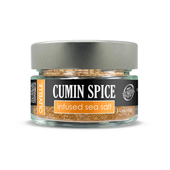 Jar of Cumin Spice Infused Sea Salt - savory, warm spice blend for tacos, roasted veggies, and soups.