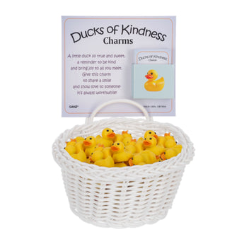 Mini yellow Ducks of Kindness charms in a basket with inspirational insert cards by Ganz Gift.
