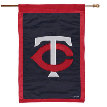 Minnesota Twins 28 x 44 house flag with red and navy team logo on blue background.